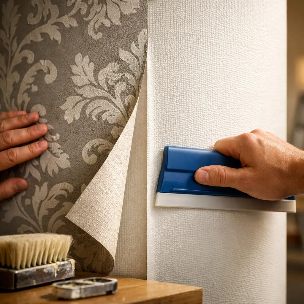 Pose de tapisserie et toile de verre sur un mur intérieur en rénovation